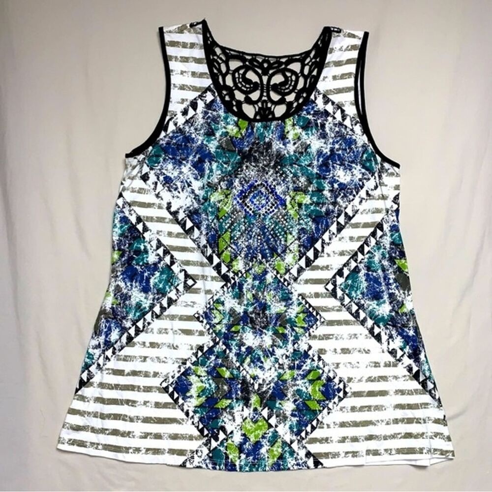 Crochet Tank Top Women XL Colorblock Geometric Print Gem Detail Lace Sexy Back